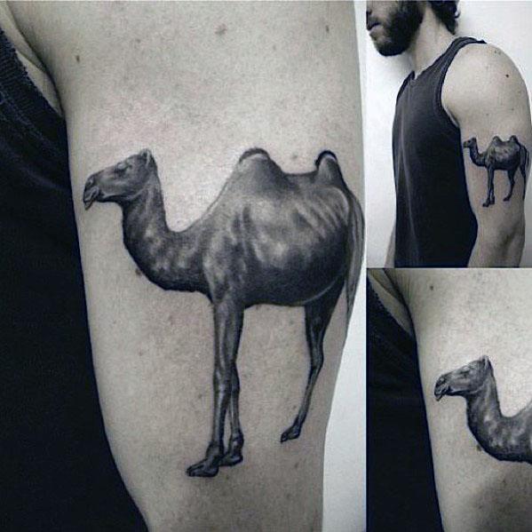 Black Ink Camel Tattoo On Left Half Sleeve