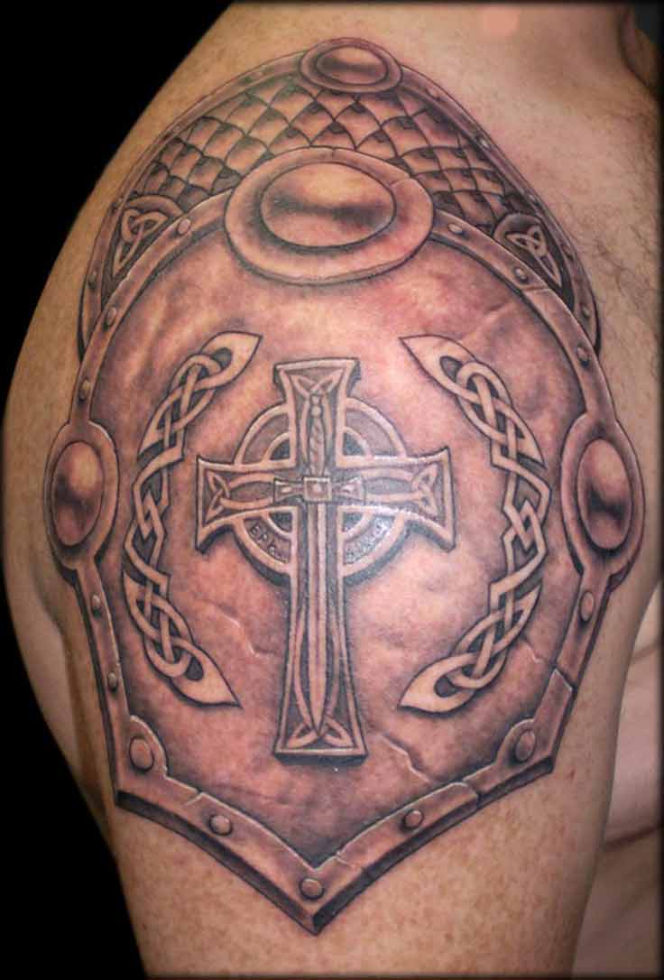 Black Ink Cross Armor Tattoo On Man Right Shoulder