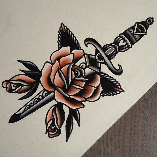Black Ink Dagger In Roses Tattoo Design
