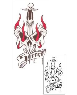 Black Ink Dagger In Skull With Banner Tattoo Design