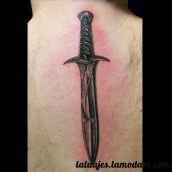 Black Ink Dagger Tattoo On Man Upper Back