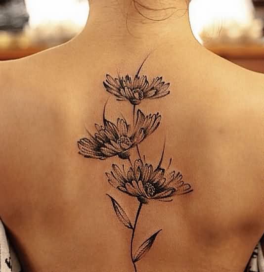 Black Ink Daisy Flowers Tattoo On Women Upper Back