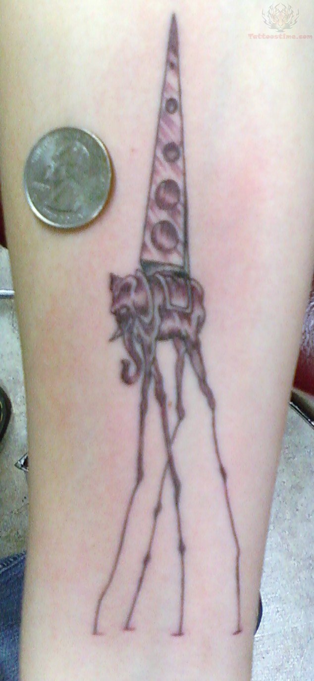 Black Ink Dali Elephant Tattoo Design For Forearm