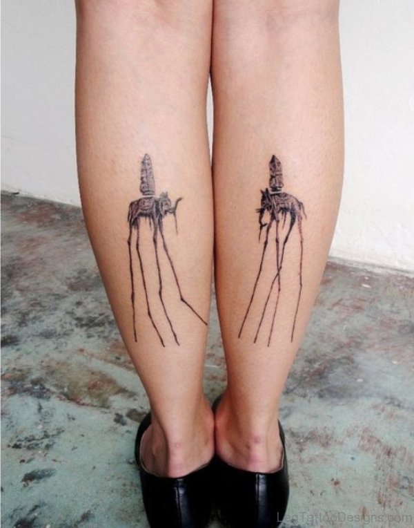 Black Ink Dali Elephant Tattoo On Both Leg Calf
