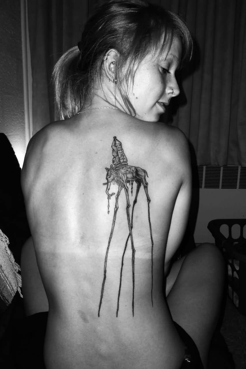 Black Ink Dali Elephant Tattoo On Girl Full Back