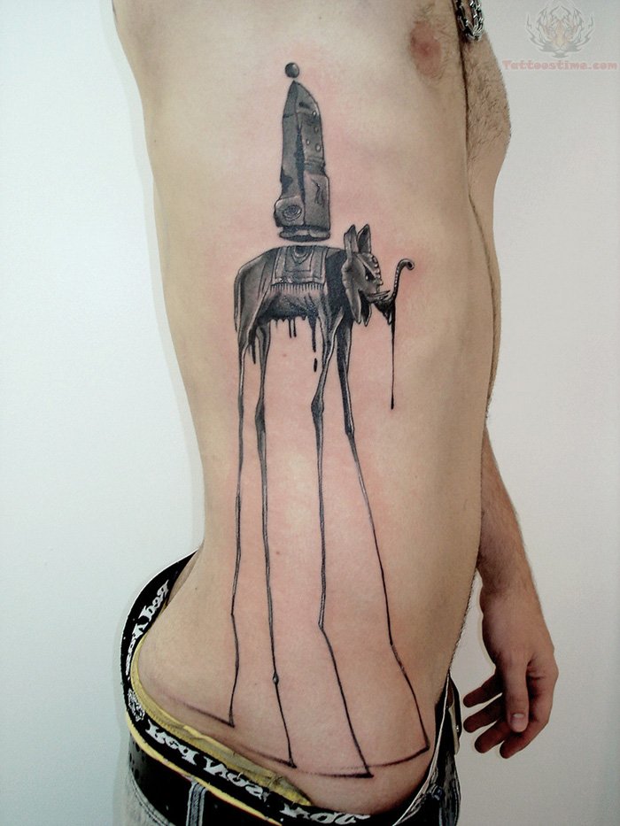 Black Ink Dali Elephant Tattoo On Man Right Side Rib