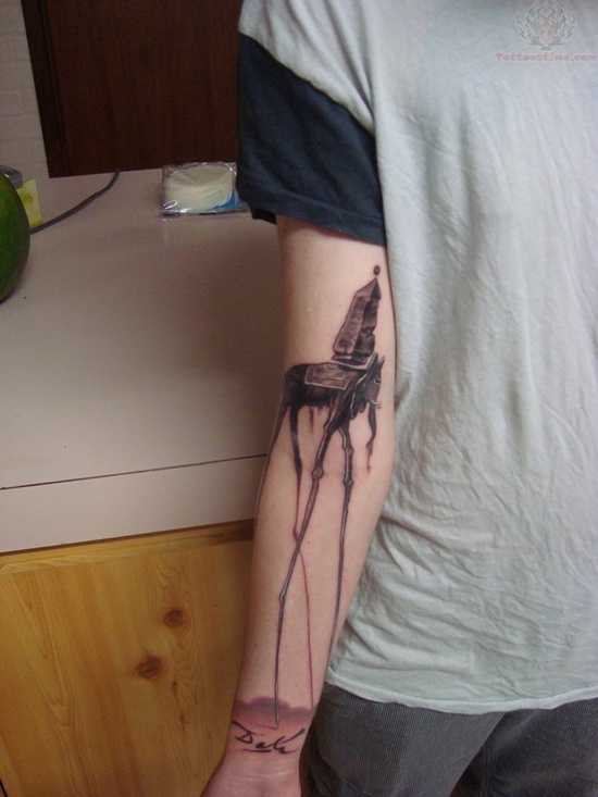 Black Ink Dali Elephant Tattoo On Right Forearm