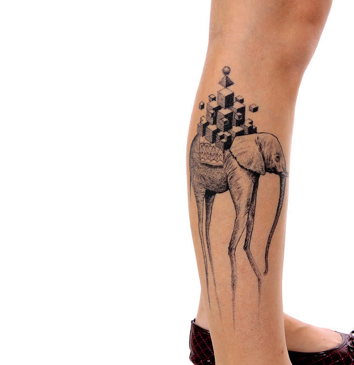 Black Ink Dali Elephant Tattoo On Right Leg Calf