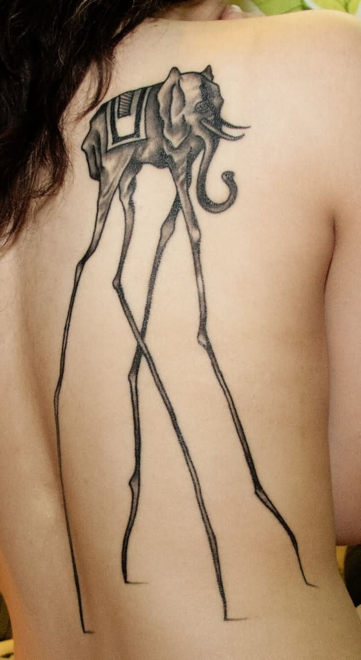 Black Ink Dali Elephant Tattoo On Women Full Back