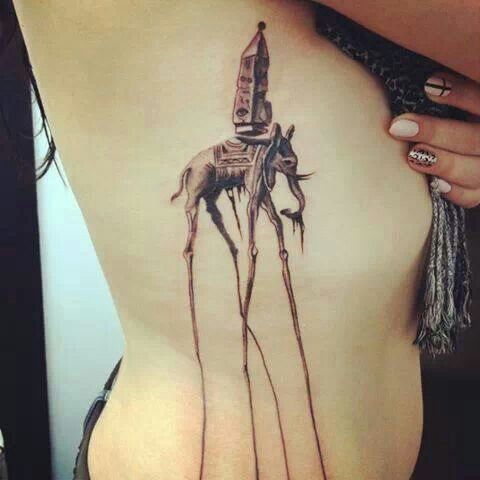 Black Ink Dali Elephant Tattoo On Women Right Side Rib