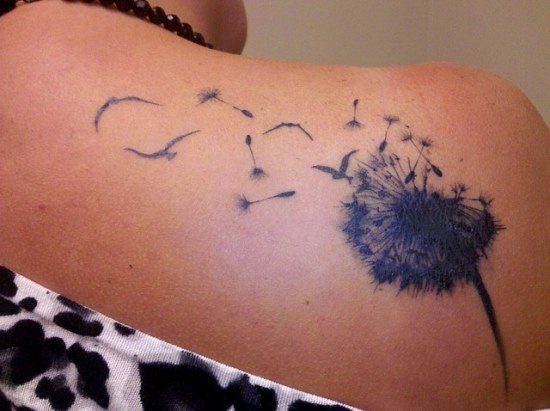 Black Ink Dandelion Tattoo On Right Back Shoulder