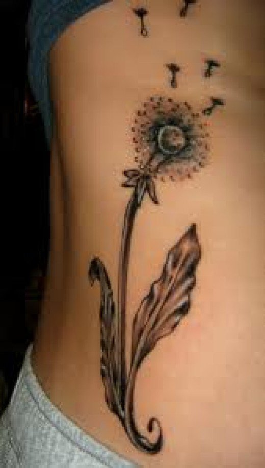 Black Ink Dandelion Tattoo On Right Side Rib