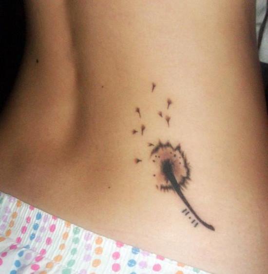 Black Ink Dandelion Tattoo On Women Lower Back
