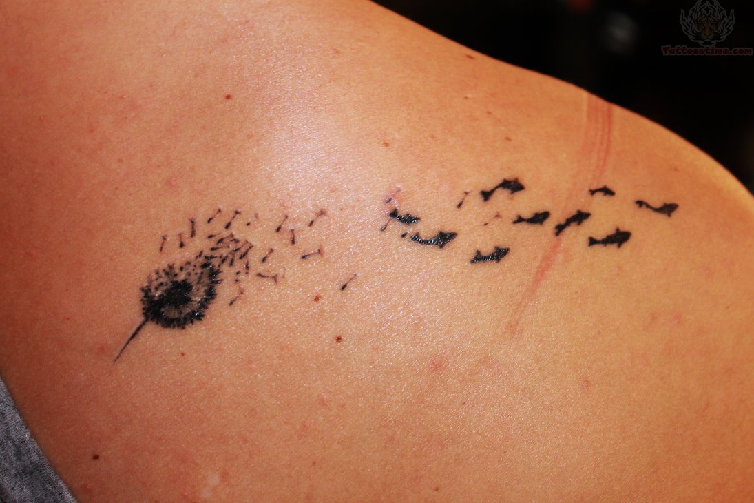 Black Ink Dandelion With Fishes Tattoo On Right Back Shoulder