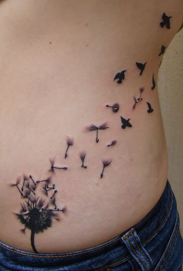 Black Ink Dandelion With Flying Birds Tattoo Design For Lower Back