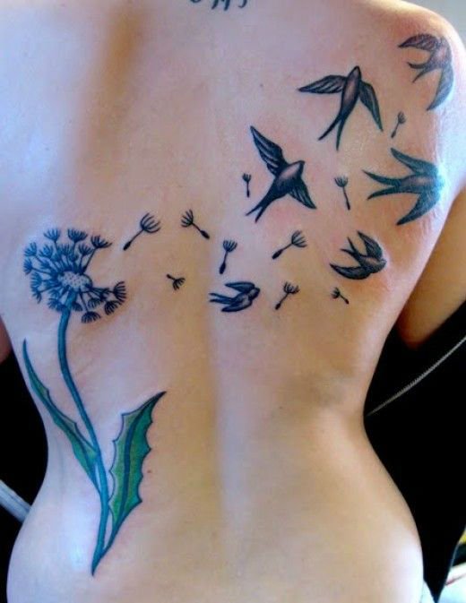 Black Ink Dandelion With Flying Birds Tattoo On Full Back
