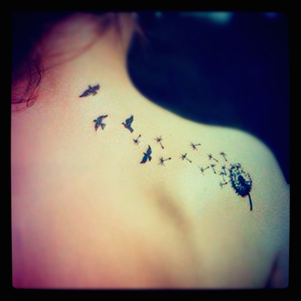 Black Ink Dandelion With Flying Birds Tattoo On Upper Back