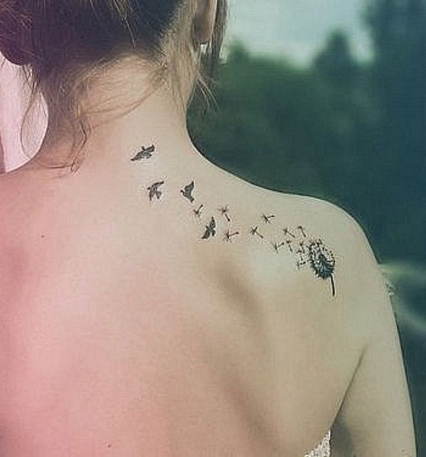 Black Ink Dandelion With Flying Birds Tattoo On Women Full Back