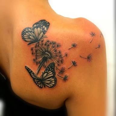 Black Ink Dandelion With Flying Butterflies Tattoo On Right Back Shoulder