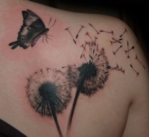 Black Ink Dandelion With Flying Butterfly Tattoo On Right Back Shoulder
