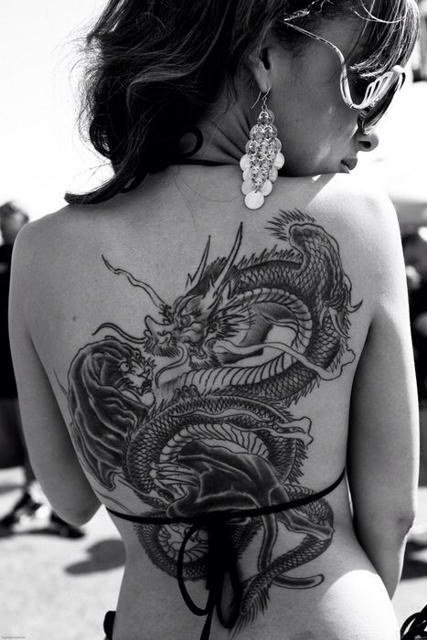 Black Ink Dragon With Panther Tattoo On Women Full Back