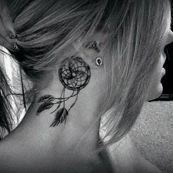 Black Ink Dreamcatcher Tattoo On Girl Right Behind The Ear