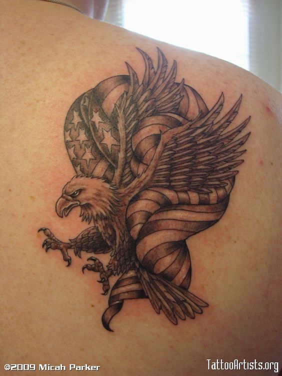 Black Ink Eagle With USA Flag Tattoo On Man Right Back Shoulder