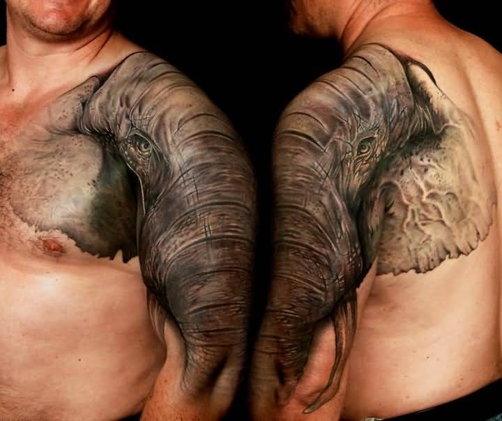 Black Ink Elephant Animal Head Tattoo On Man Left Shoulder