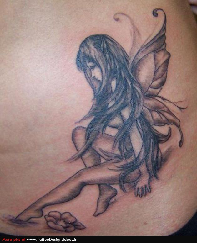 Black Ink Fairy Tattoo Design For Lower Back