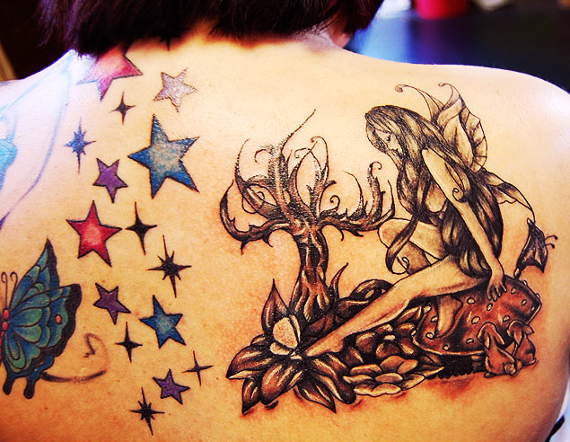 Black Ink Fairy With Tree Without Leaves Tattoo On Right Back Shoulder