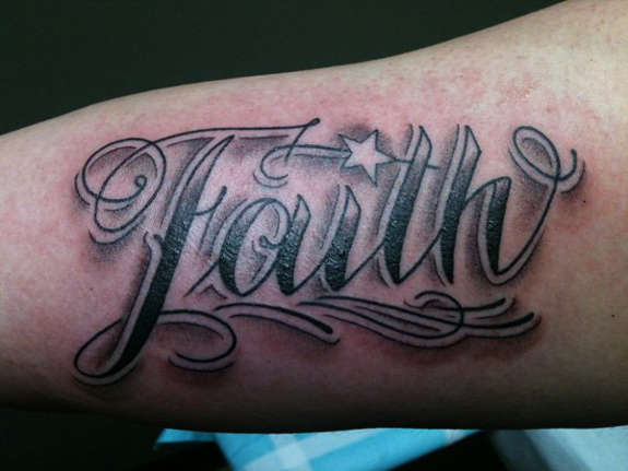 Black Ink Faith Lettering Tattoo Design For Sleeve