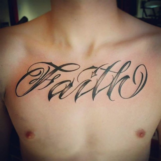 Black Ink Faith Lettering Tattoo On Man Chest