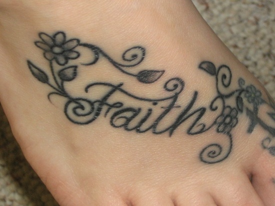 Black Ink Faith Lettering Tattoo On Right Foot