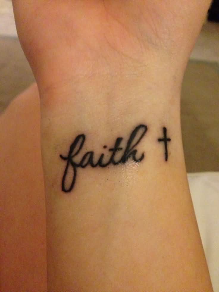 Black Ink Faith Lettering With Cross Tattoo On Right Wrist