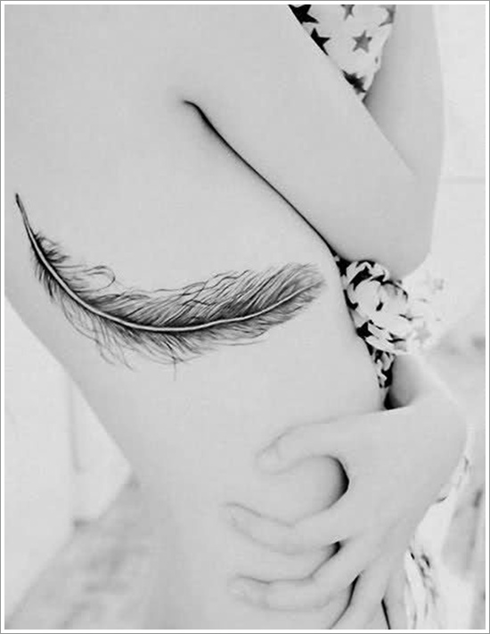 Black Ink Feather Tattoo On Girl Right Side Rib
