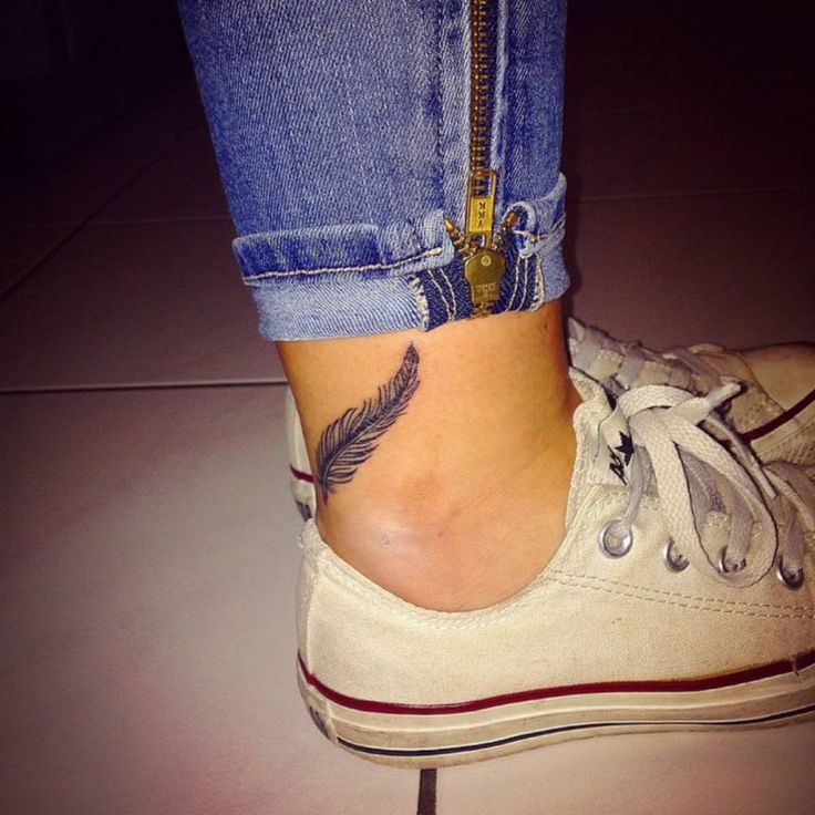Black Ink Feather Tattoo On Right Ankle