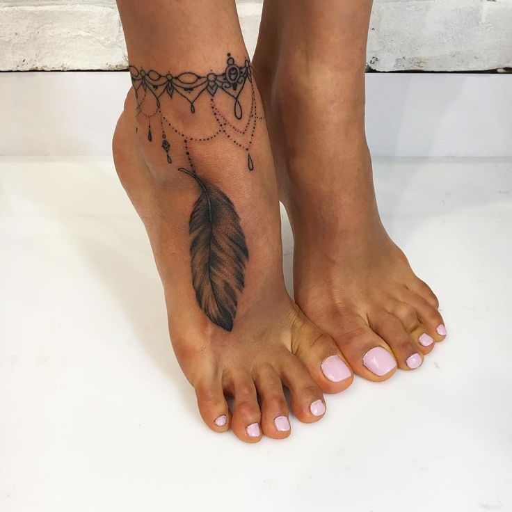 Black Ink Feather Tattoo On Right Foot