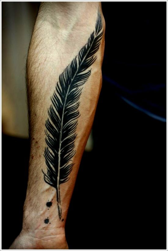 Black Ink Feather Tattoo On Right Forearm