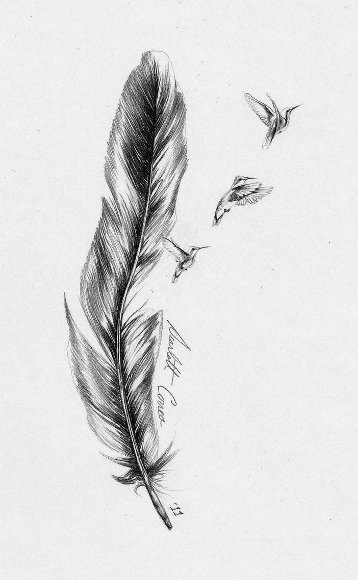 Black Ink Feather With Flying Birds Tattoo Design