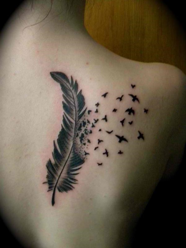 Black Ink Feather With Flying Birds Tattoo On Right Back Shoulder