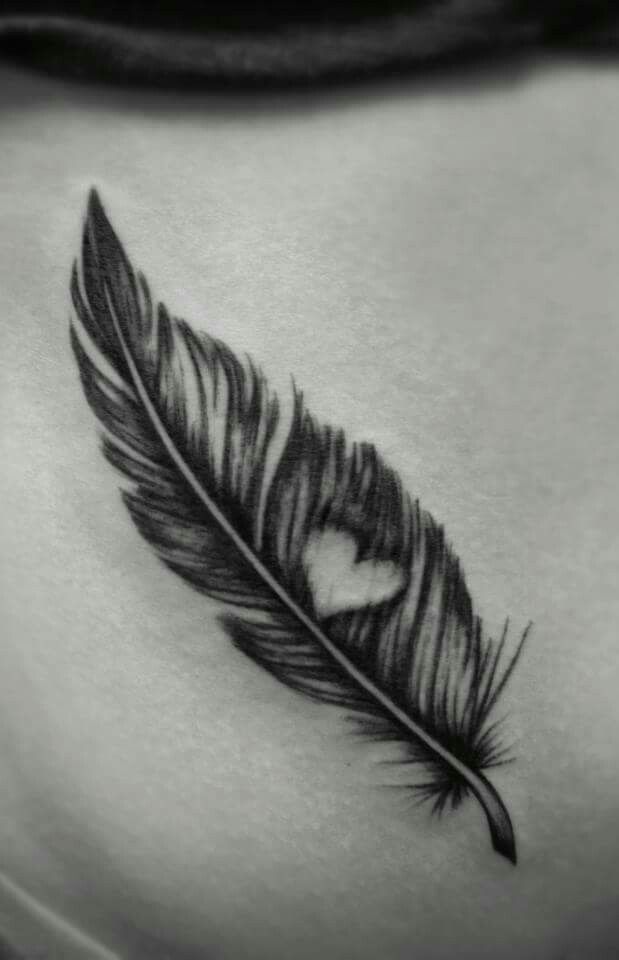 Black Ink Feather With Heart Tattoo Design
