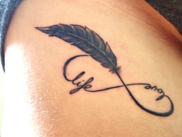 Black Ink Feather With Infinity Tattoo Design For Side Rib