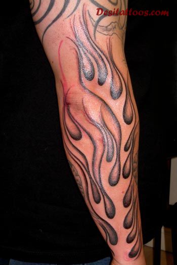 Black Ink Fire And Flame Tattoo On Right Full Sleeve
