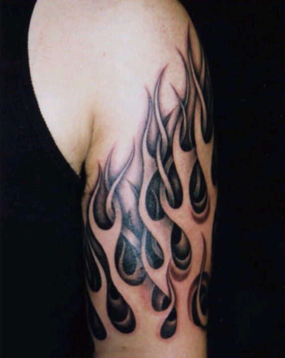 Black Ink Fire And Flame Tattoo On Right Half Sleeve