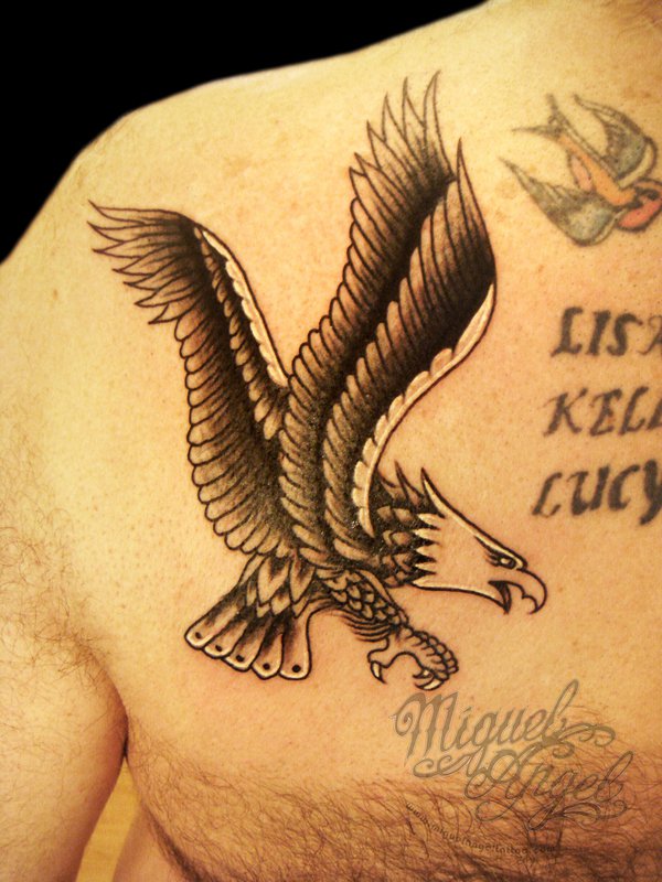 Black Ink Flying Eagle Tattoo On Man Right Front Shoulder