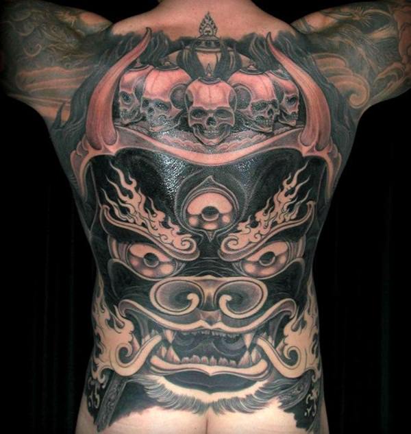 Black Ink Foo Dog Head Tattoo On Man Full Back By Filip Leu