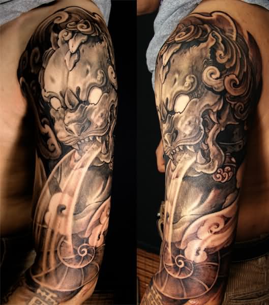 Black Ink Foo Dog Tattoo On Man Left Half Sleeve