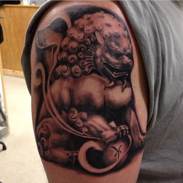 Black Ink Foo Dog Tattoo On Man Right Shoulder By Pete Terranova
