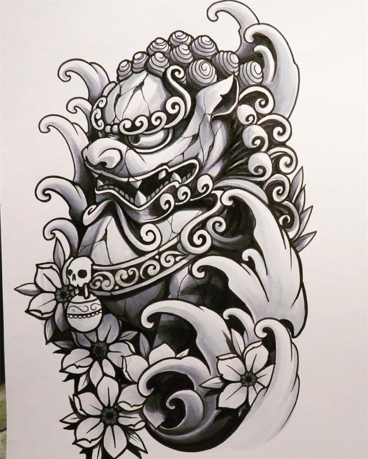 Black Ink Foo Dog With Flowers Tattoo Design
