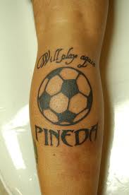 Black Ink Football Tattoo On Leg Calf